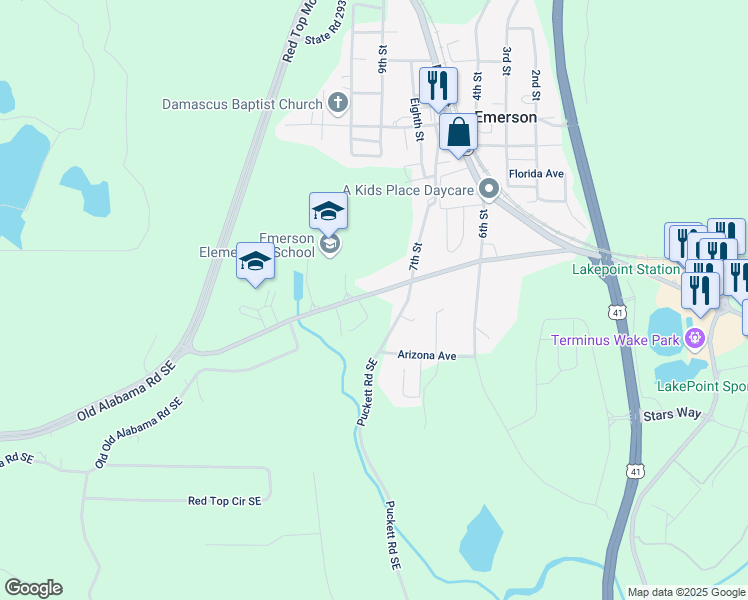 map of restaurants, bars, coffee shops, grocery stores, and more near 155 Old Alabama Road Southeast in Emerson