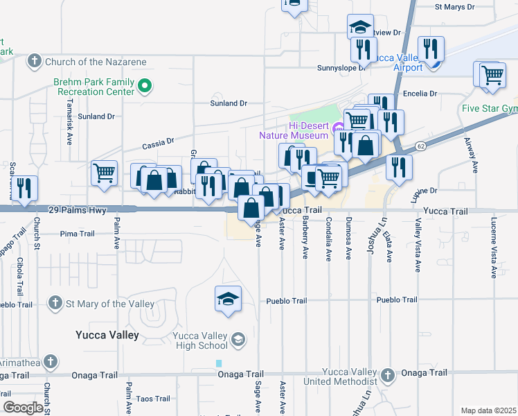 map of restaurants, bars, coffee shops, grocery stores, and more near California 62 in Yucca Valley