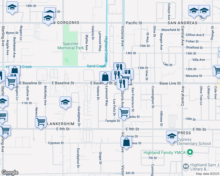 map of restaurants, bars, coffee shops, grocery stores, and more near 7323 Lynwood Way in Highland