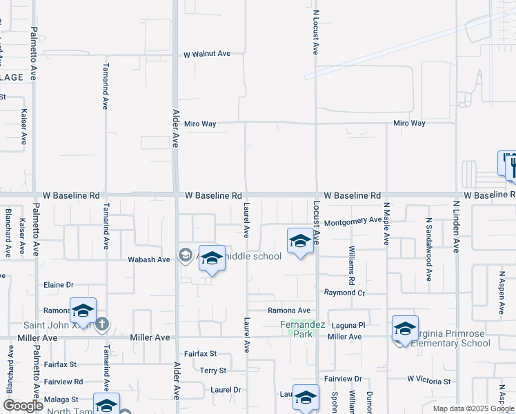 map of restaurants, bars, coffee shops, grocery stores, and more near 7335 Laurel Avenue in Fontana