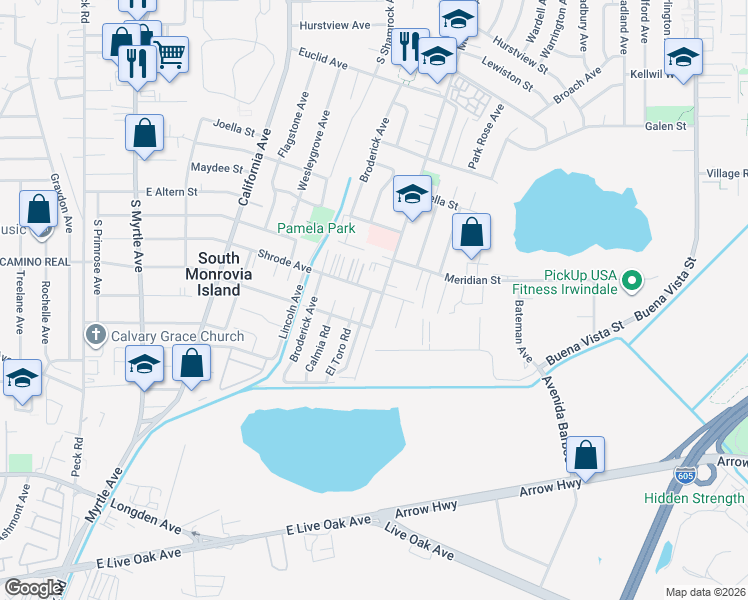 map of restaurants, bars, coffee shops, grocery stores, and more near 2 Mountain Avenue in Monrovia