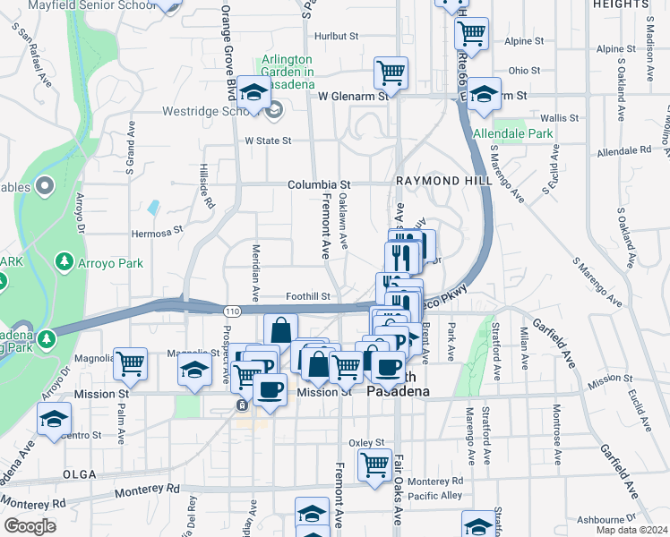 map of restaurants, bars, coffee shops, grocery stores, and more near 502 Fremont Avenue in South Pasadena