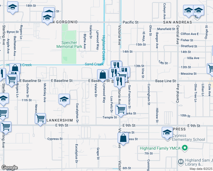 map of restaurants, bars, coffee shops, grocery stores, and more near 7323 Lynwood Way in Highland