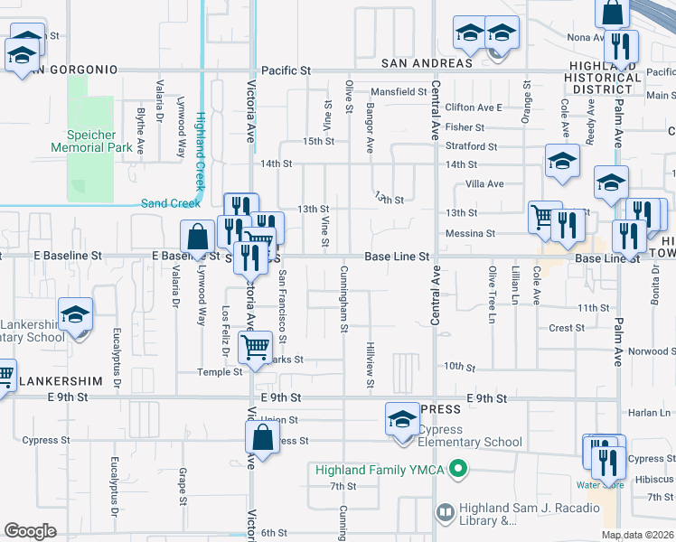 map of restaurants, bars, coffee shops, grocery stores, and more near 7338 Cunningham Street in Highland