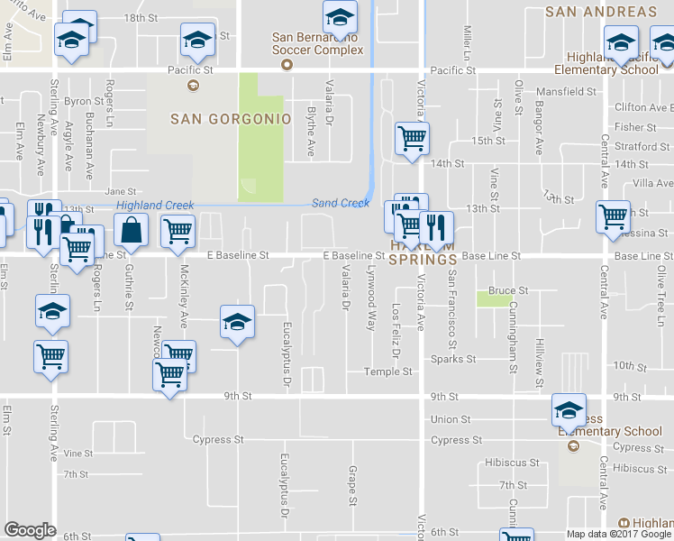 map of restaurants, bars, coffee shops, grocery stores, and more near 7353 Valaria Drive in Highland