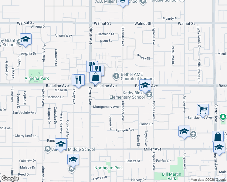 map of restaurants, bars, coffee shops, grocery stores, and more near 7348 Kamloops Avenue in Fontana