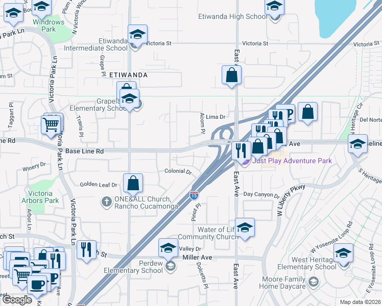 map of restaurants, bars, coffee shops, grocery stores, and more near 12961 Base Line Road in Rancho Cucamonga