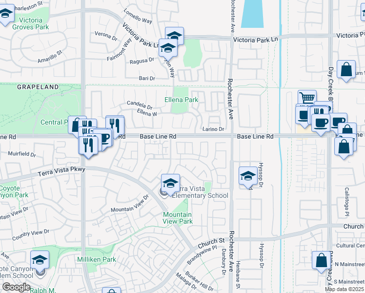 map of restaurants, bars, coffee shops, grocery stores, and more near 7350 Legacy Place in Rancho Cucamonga