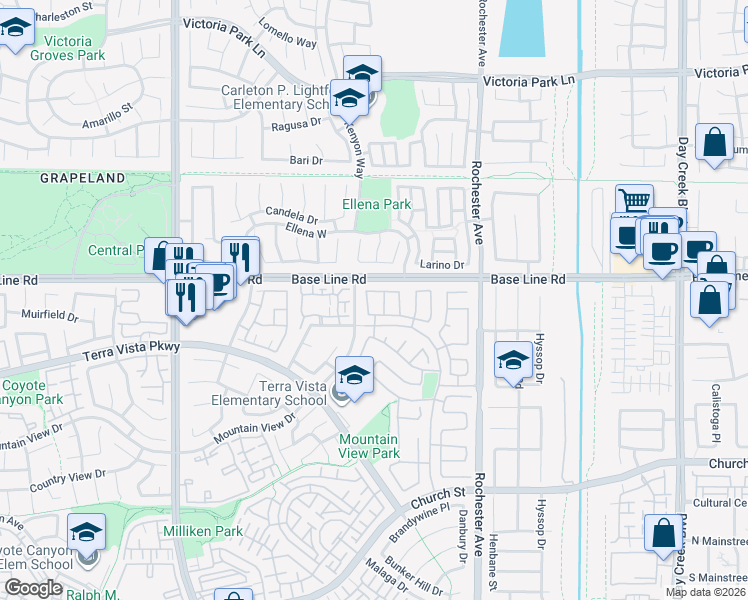 map of restaurants, bars, coffee shops, grocery stores, and more near 7350 Legacy Place in Rancho Cucamonga