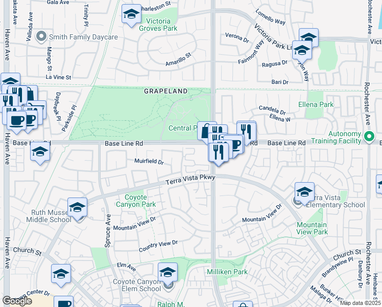 map of restaurants, bars, coffee shops, grocery stores, and more near 7331 Belpine Place in Rancho Cucamonga