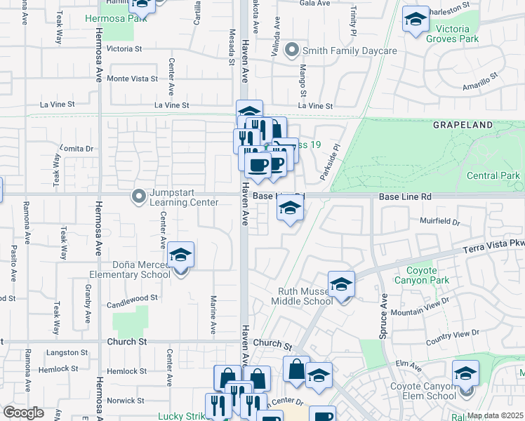 map of restaurants, bars, coffee shops, grocery stores, and more near 7345 Greenhaven Avenue in Rancho Cucamonga