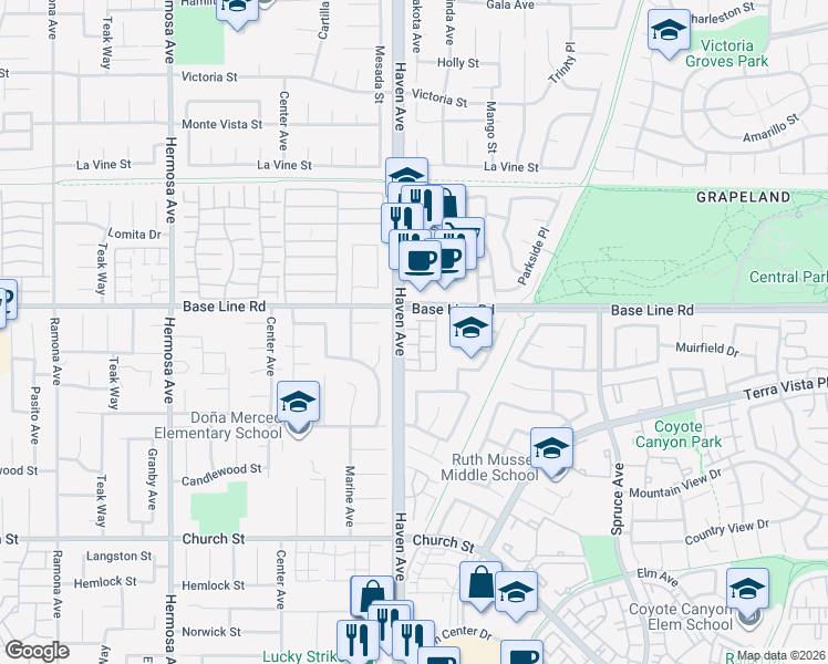 map of restaurants, bars, coffee shops, grocery stores, and more near 7361 Sago Court in Rancho Cucamonga