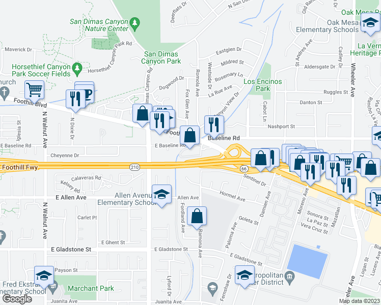 map of restaurants, bars, coffee shops, grocery stores, and more near 4545 Ramona Avenue in La Verne