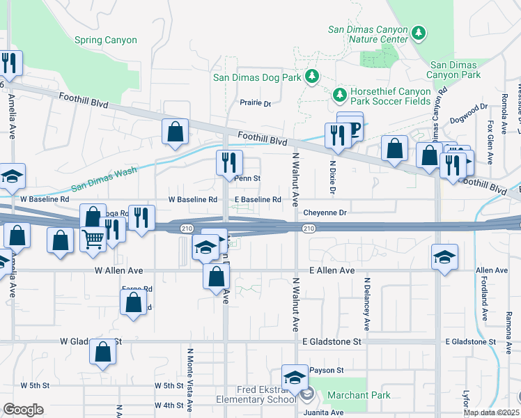 map of restaurants, bars, coffee shops, grocery stores, and more near 110 East Baseline Road in San Dimas