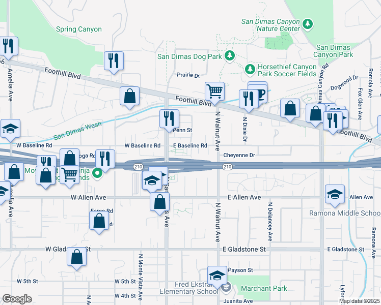 map of restaurants, bars, coffee shops, grocery stores, and more near 110 East Baseline Road in San Dimas
