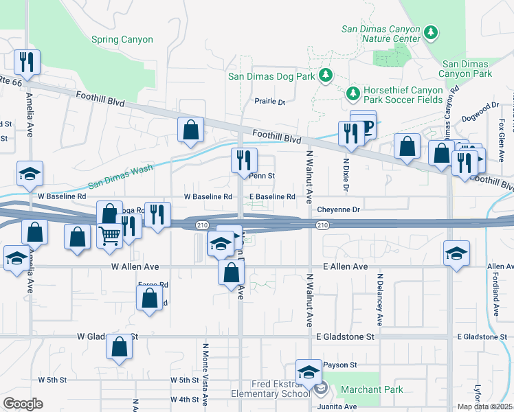 map of restaurants, bars, coffee shops, grocery stores, and more near 110 East Baseline Road in San Dimas