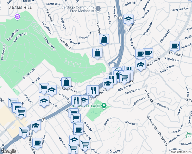 map of restaurants, bars, coffee shops, grocery stores, and more near 3835 Roderick Road in Los Angeles