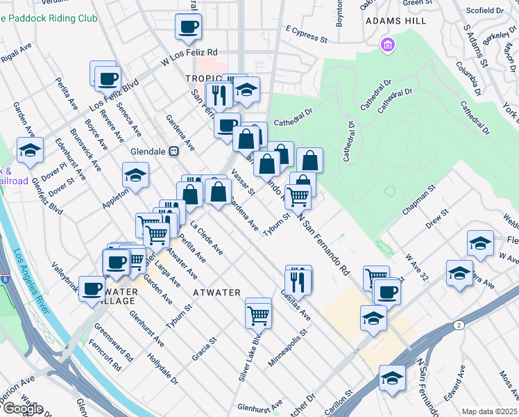 map of restaurants, bars, coffee shops, grocery stores, and more near 1920 Gardena Avenue in Glendale