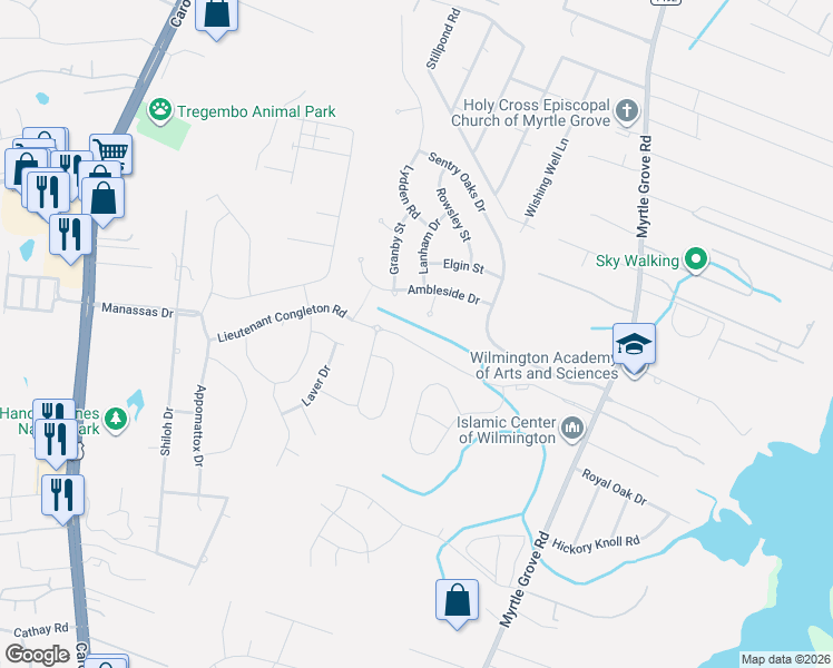 map of restaurants, bars, coffee shops, grocery stores, and more near 1370-1498 Lieutenant Congleton Road in Wilmington