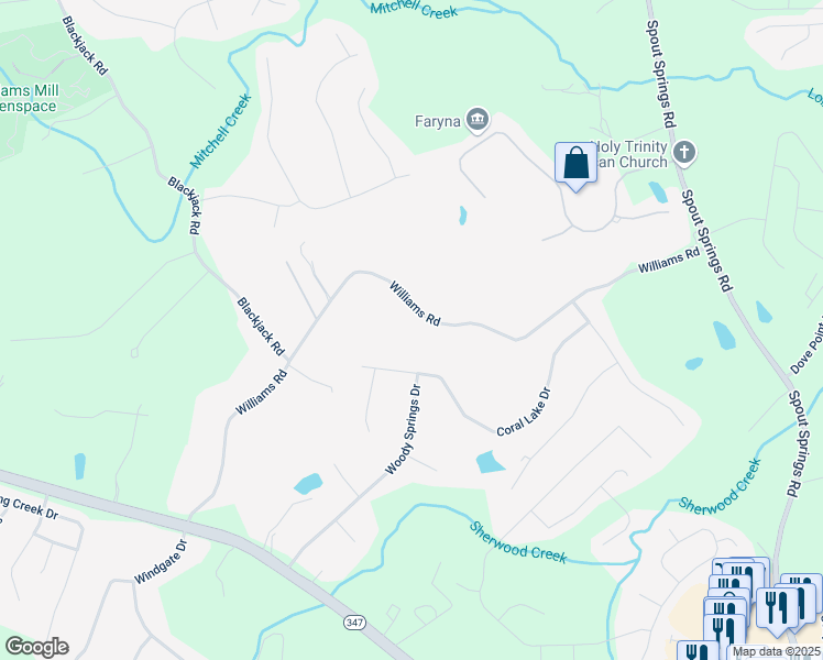 map of restaurants, bars, coffee shops, grocery stores, and more near 7287 Williams Road in Flowery Branch