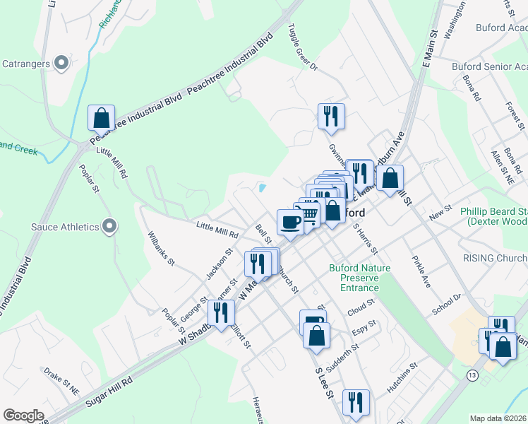 map of restaurants, bars, coffee shops, grocery stores, and more near in Suwanee
