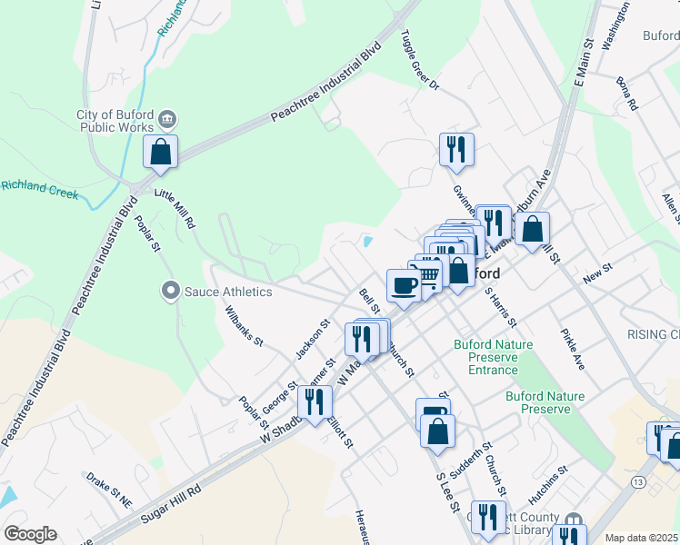 map of restaurants, bars, coffee shops, grocery stores, and more near 151 North Church Street in Buford