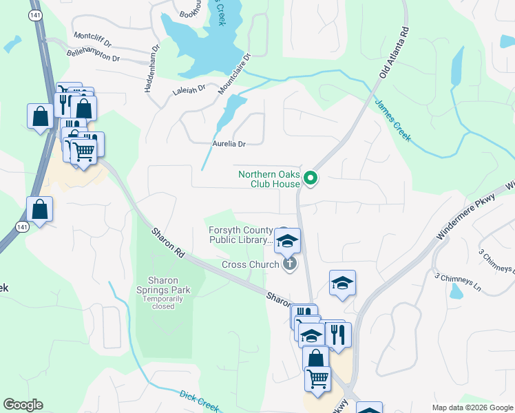map of restaurants, bars, coffee shops, grocery stores, and more near 2760 Spring Drive in Cumming