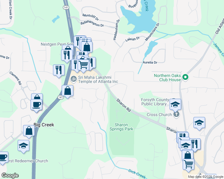 map of restaurants, bars, coffee shops, grocery stores, and more near 1815 Sharon Road in Cumming