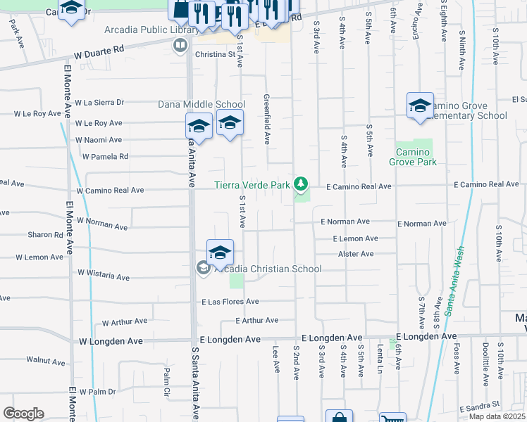 map of restaurants, bars, coffee shops, grocery stores, and more near 1632 Watson Drive in Arcadia