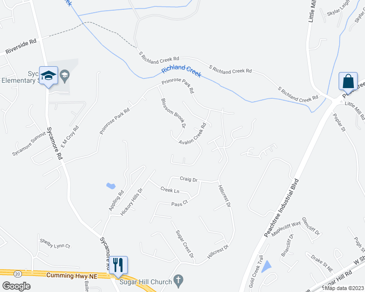map of restaurants, bars, coffee shops, grocery stores, and more near 1409 Avalon Creek Road in Sugar Hill