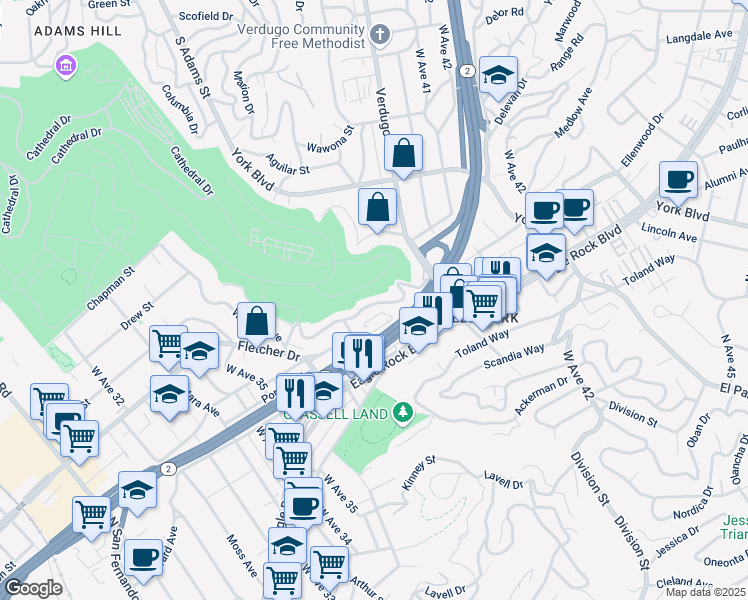 map of restaurants, bars, coffee shops, grocery stores, and more near 3835 Roderick Road in Los Angeles