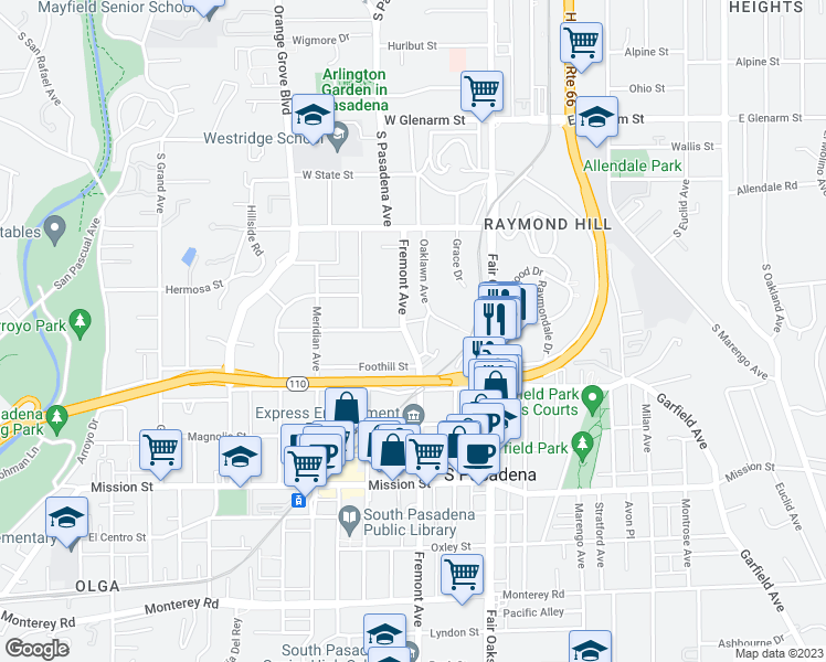 map of restaurants, bars, coffee shops, grocery stores, and more near 502 Fremont Avenue in South Pasadena