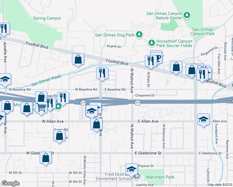 map of restaurants, bars, coffee shops, grocery stores, and more near 150 East Baseline Road in San Dimas