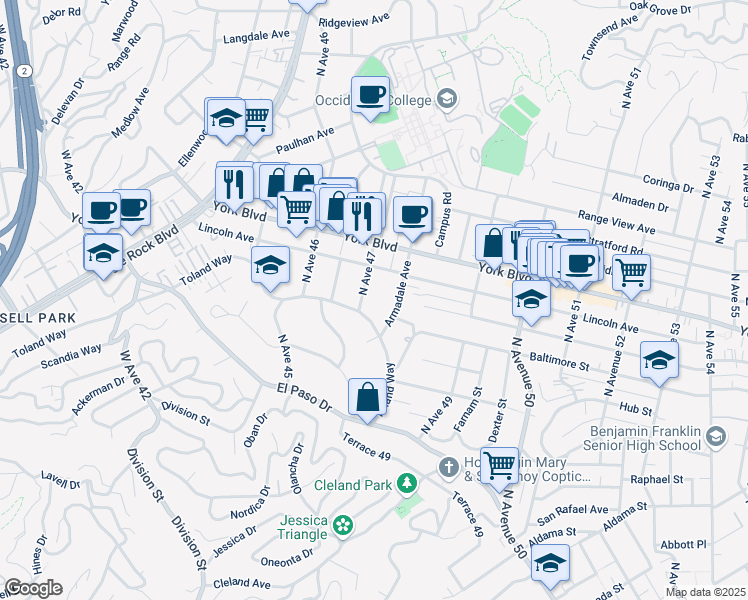 map of restaurants, bars, coffee shops, grocery stores, and more near 1414 North Avenue 47 in Los Angeles