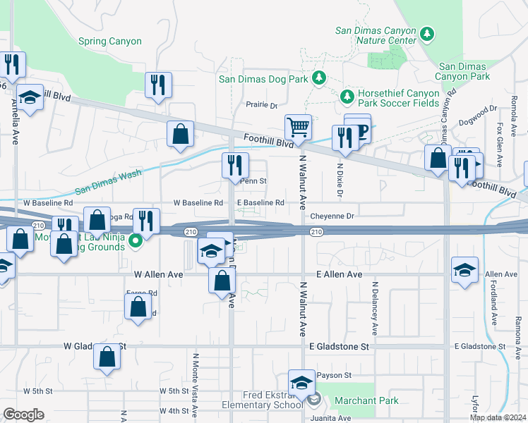map of restaurants, bars, coffee shops, grocery stores, and more near 144 East Baseline Road in San Dimas