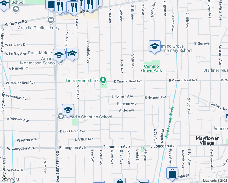 map of restaurants, bars, coffee shops, grocery stores, and more near 2 East Winnie Way in Arcadia