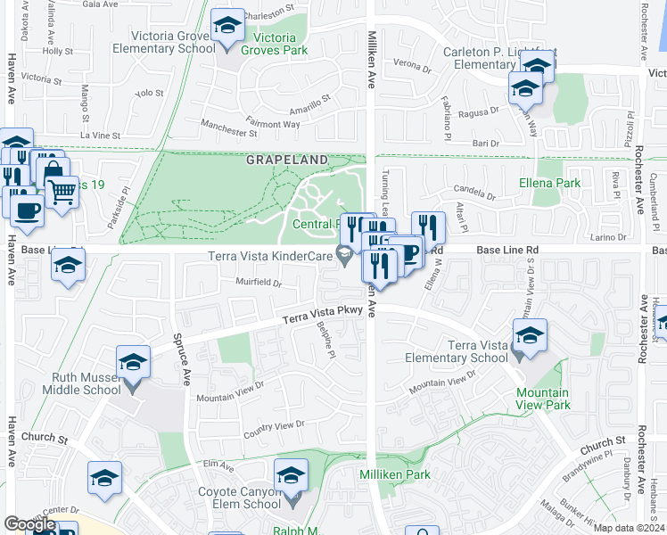 map of restaurants, bars, coffee shops, grocery stores, and more near 7325 Belpine Place in Rancho Cucamonga