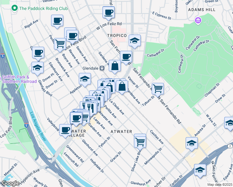map of restaurants, bars, coffee shops, grocery stores, and more near 3723 Casitas Avenue in Los Angeles