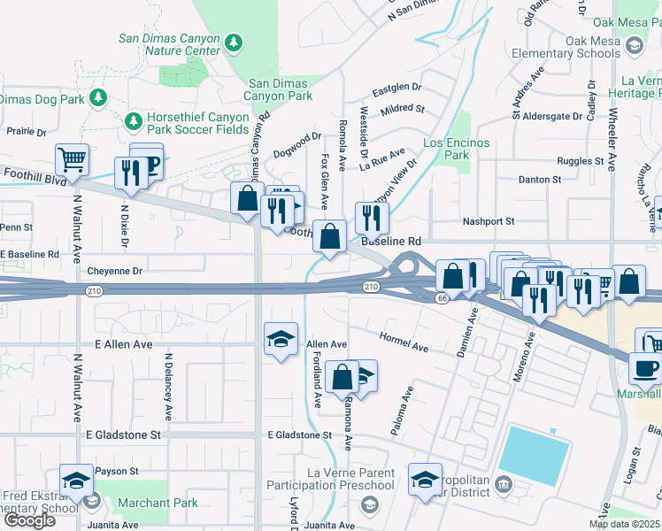 map of restaurants, bars, coffee shops, grocery stores, and more near 4575 Ramona Avenue in La Verne