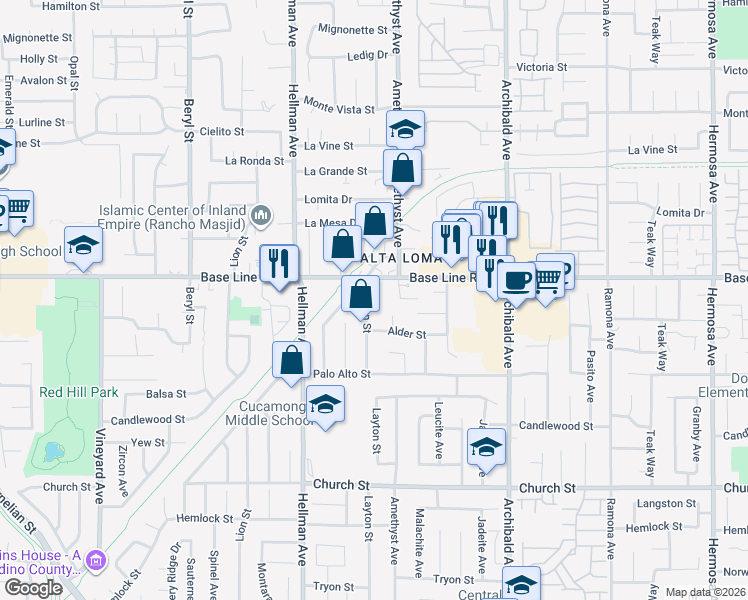 map of restaurants, bars, coffee shops, grocery stores, and more near 7345 Layton Street in Rancho Cucamonga
