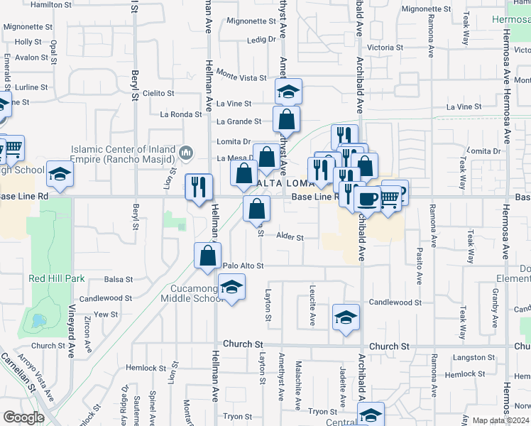 map of restaurants, bars, coffee shops, grocery stores, and more near 7345 Layton Street in Rancho Cucamonga