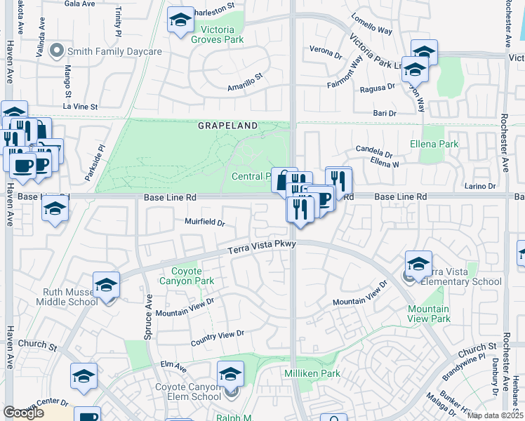 map of restaurants, bars, coffee shops, grocery stores, and more near 7325 Belpine Place in Rancho Cucamonga