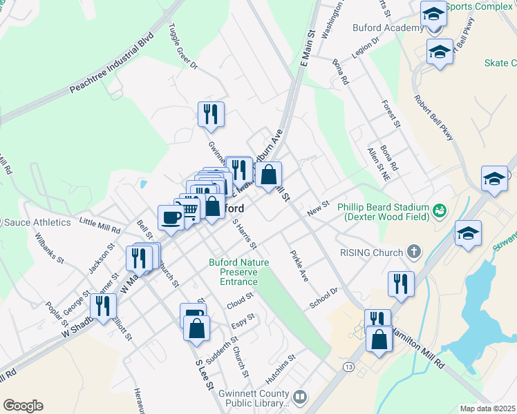 map of restaurants, bars, coffee shops, grocery stores, and more near 110A East Park Street in Buford