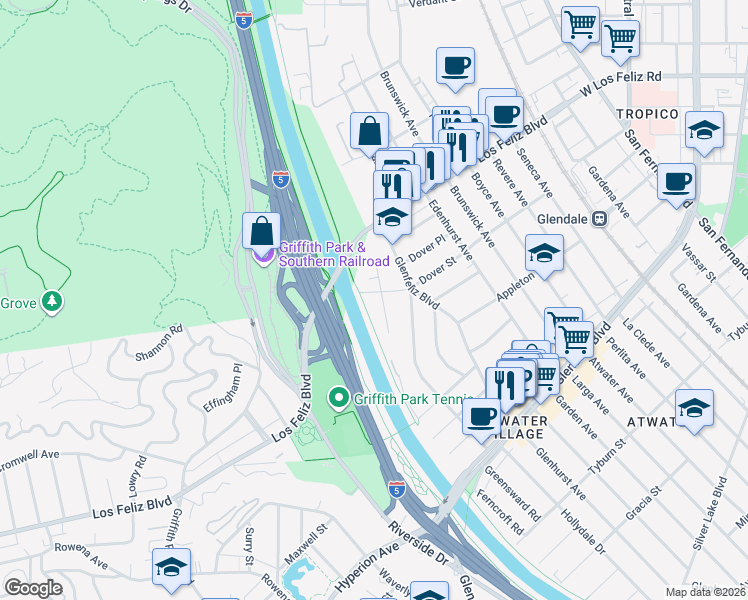 map of restaurants, bars, coffee shops, grocery stores, and more near 3848 Legion Lane in Los Angeles