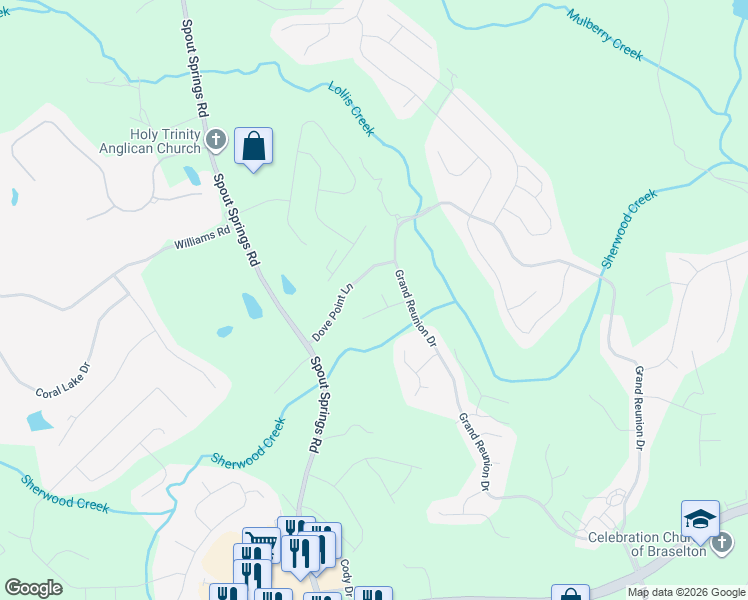 map of restaurants, bars, coffee shops, grocery stores, and more near 7147 Social Way in Hoschton