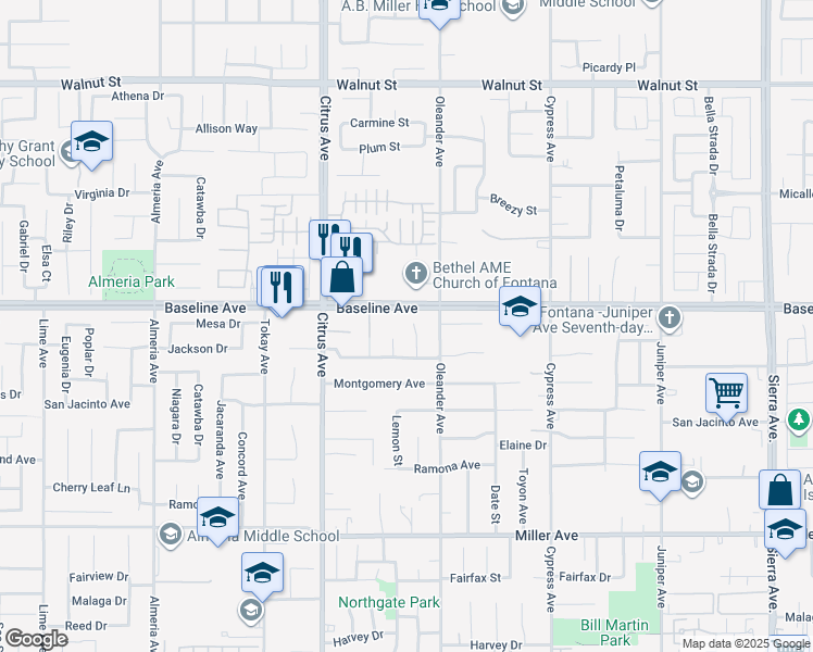 map of restaurants, bars, coffee shops, grocery stores, and more near 7348 Kamloops Avenue in Fontana
