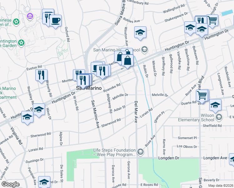 map of restaurants, bars, coffee shops, grocery stores, and more near 2355 Melville Drive in San Marino