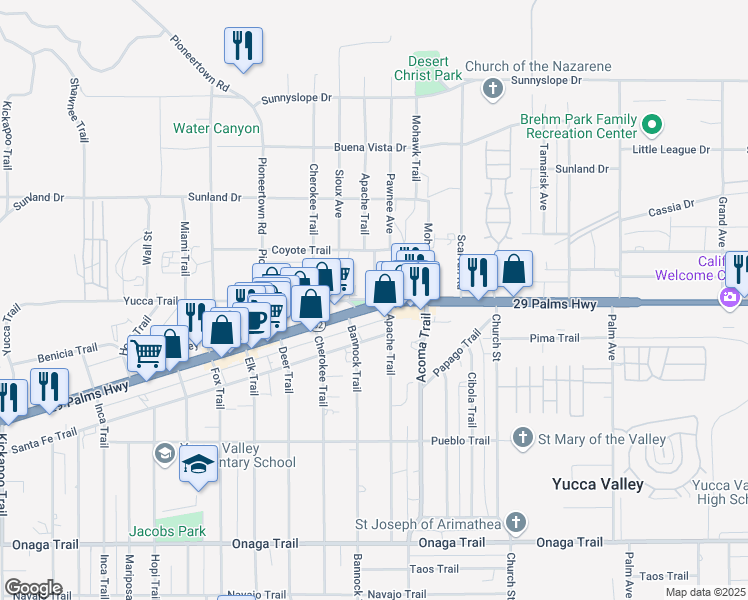 map of restaurants, bars, coffee shops, grocery stores, and more near Apache Trail in Yucca Valley