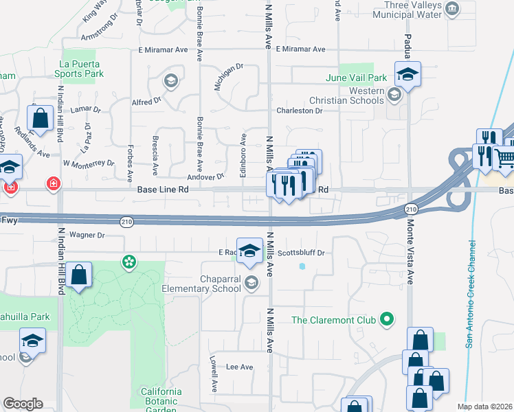 map of restaurants, bars, coffee shops, grocery stores, and more near 417 Warner Street in Claremont