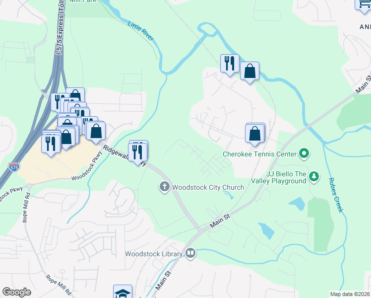 map of restaurants, bars, coffee shops, grocery stores, and more near 900 Sweetwater Grove in Woodstock